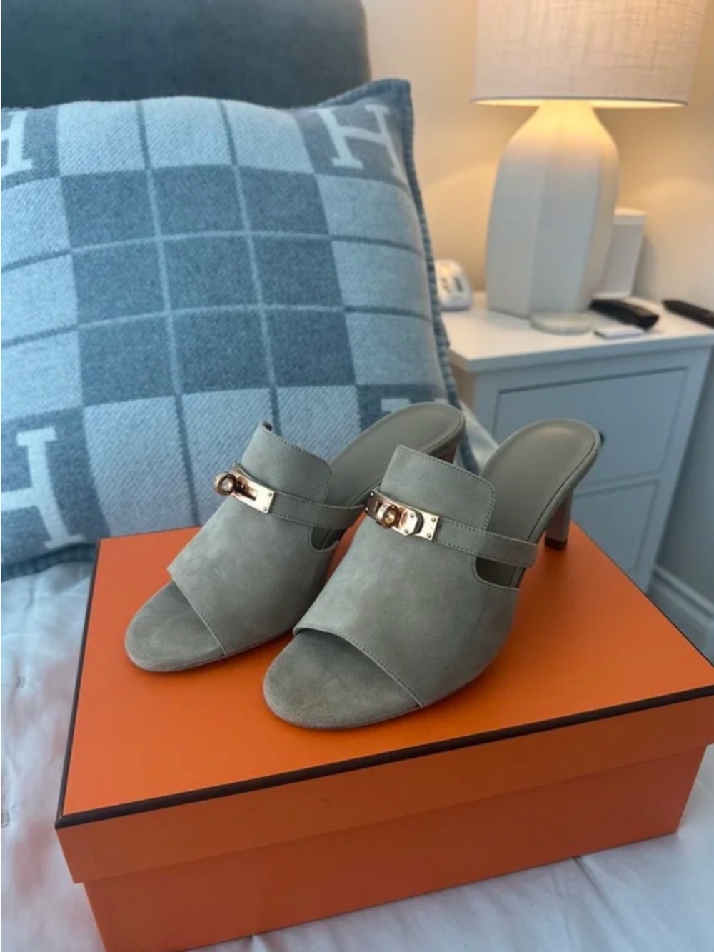 Hermes Gray Suede Open-Toe Mule Sandals with Gold Buckle